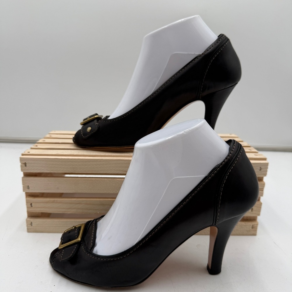 Coach Brigitte Peep Toe Heels Black Leather Buckle Detail Italy Womens 7 B